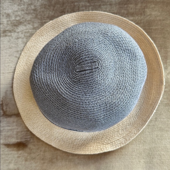 Vintage straw hat color block Hay color Navy Gray Inside adjust ribbon As Is - Picture 4 of 7
